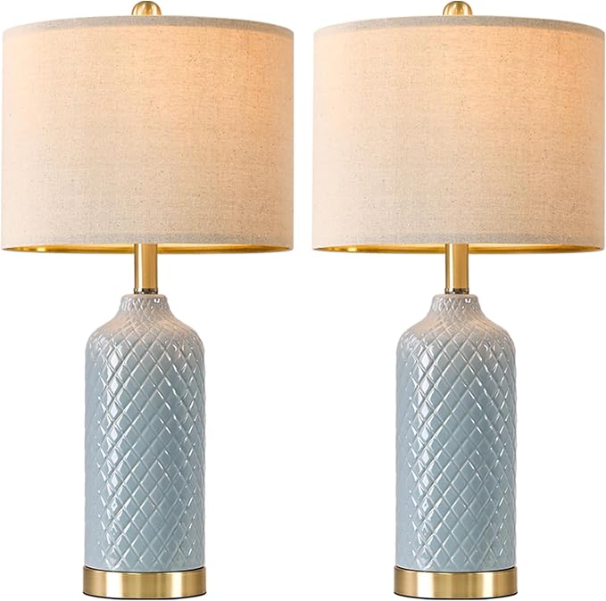 24.25" Modern Ceramic Blue Table Lamps Set of 2 for Living Room, Farmhouse, Bedside, Coastal Bedroom, Side & End Tables