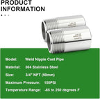 TAISHER 2PCS 304 Stainless Steel Pipe Fittings, 3/4" NPT Male Threaded, 2" Length Weld Nipple Cast Pipe