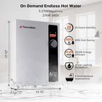 Tankless Water Heater Electric 27kW at 240 Volt, ThermoMate On Demand Instant Hot Water Heater Up to 6.4GMP, Self-Modulating Energy Saving for Residential Indoor Shower, Draw 114Amp