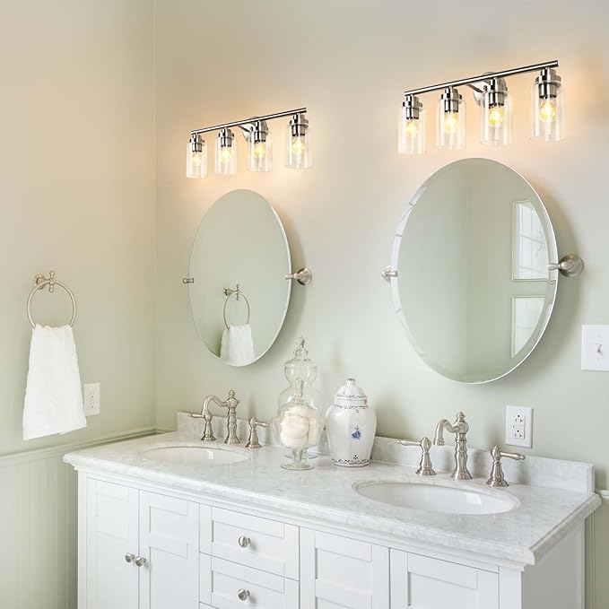 DLLT Bathroom Light Fixtures, Silver 4-Light Wall Sconces Lighting with Clear Glass Shade, Bath Vanity Light for Power Room, Mirror, Kitchen, Bedroom, Hallway (E26 Base Bulbs Not Included)