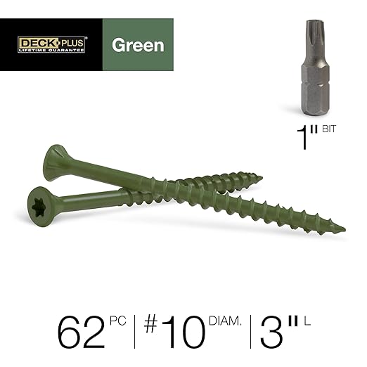 Deck Plus 3 Inch Epoxy Coated Exterior Wood and Fence Screws #10 x 3 Torx/Star Drive Included Coarse Thread, Outdoor Rust Resistant Decking Screw, Green, 1lb Box, 62 Pieces | 48404