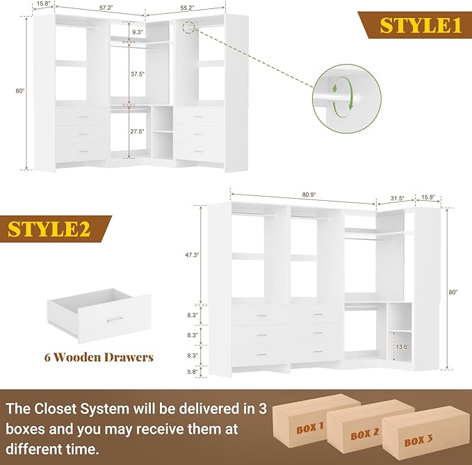 Aheaplus Closet System with 6 Drawers, 4 Hanging Rods & Corner Tower, Corner Closet System with Hanging, 80.9" L-Shaped Walk-In Wardrobe Organizer, 2000+ lbs Capacity, Set of 3, White