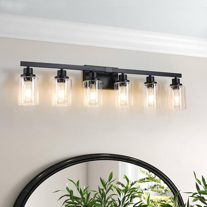 6-Light Black Vanity Lights 38'' Modern Bathroom Vanity Lighting Fixtures Above Mirror， Industrial Matte Bathroom Light Fixtures, Bath Wall Light Fixtures, Black Wall Sconces