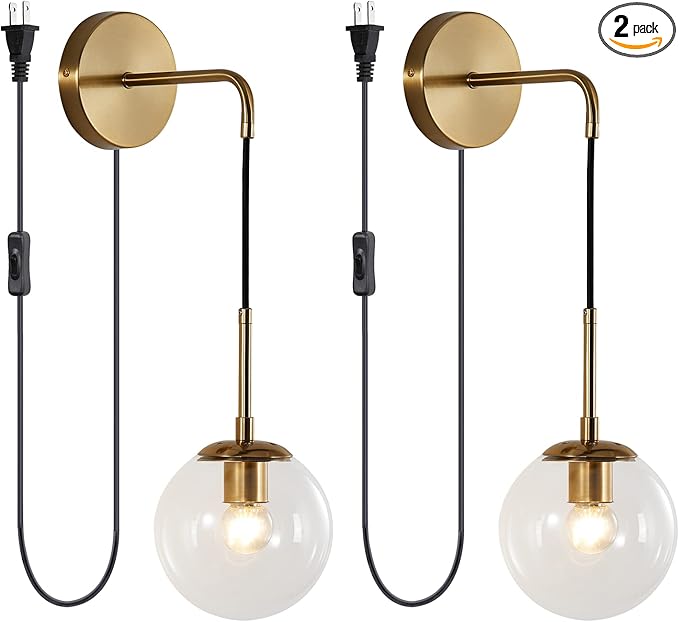 KCO Modern Globe Wall Sconce with Plug in Industrial Vintage Wall Lamp On/Off Switch Minimalist 1-Light Mounted Lamps for Bedroom Living Room Corridor (Clear & 2-Pack)