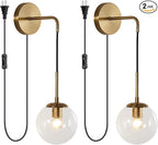 KCO Modern Globe Wall Sconce with Plug in Industrial Vintage Wall Lamp On/Off Switch Minimalist 1-Light Mounted Lamps for Bedroom Living Room Corridor (Clear & 2-Pack)