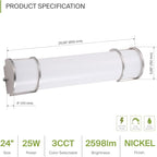 ASD LED 24" Vanity Flush Mount Light Fixture, Linear Bathroom Lighting Bar | 3CCT, Dimmable, ETL Listed | 25W 2600LM 3000-5000K 100-277V | Long Tube Bath Wall Sconce Over Mirror | Nickel