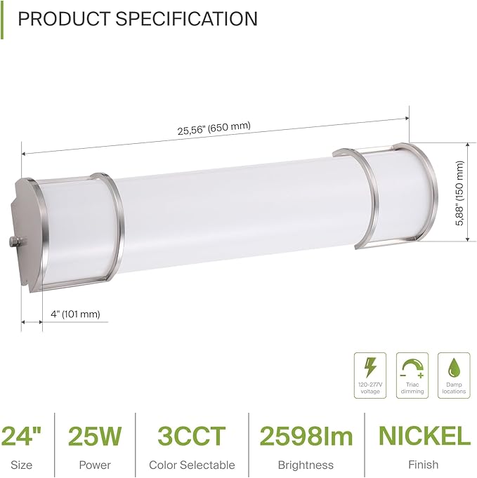 ASD LED 24" Vanity Flush Mount Light Fixture, Linear Bathroom Lighting Bar | 3CCT, Dimmable, ETL Listed | 25W 2600LM 3000-5000K 100-277V | Long Tube Bath Wall Sconce Over Mirror | Nickel
