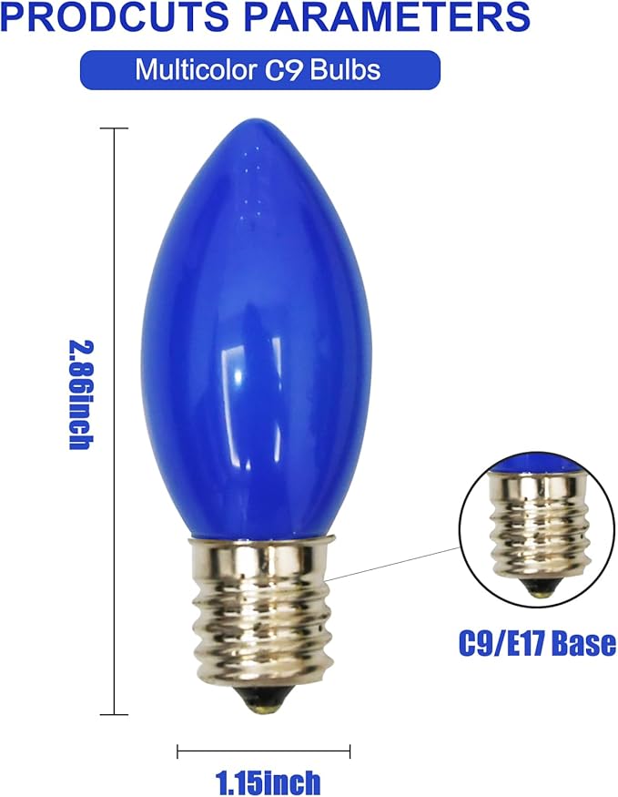 25 Pack C9 Christmas Replacement Light Bulbs, Blue Ceramic Bulbs C9 Vintage Christmas Light for Outdoor Patio Indoor String Lights, C9/E17 Intermediate Base, 7 Watts Night Light, 120 Volt-Bule