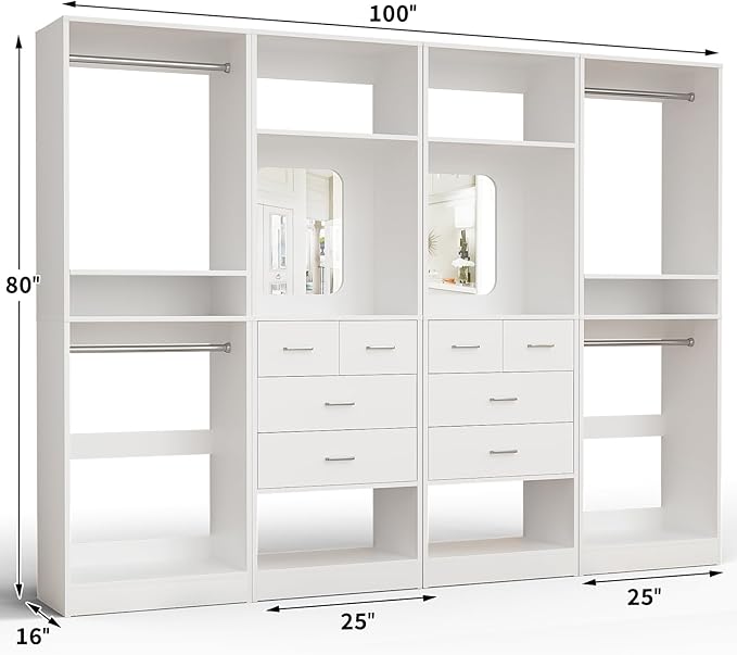 Unikito 100” Closet System with Drawers, 8.3FT Wood Closet Organizer with Hanging Rods and Mirror Design, Reversible Large Walk in Wardrobe Garment Rack with Shelves, Sturdy Closet Tower, White