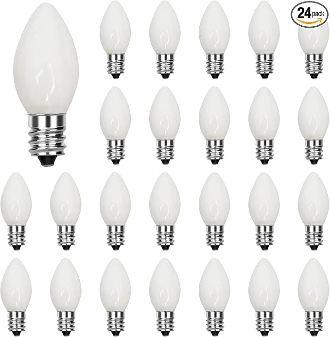 Abeja C7 Ceramic White Replacement Bulbs, 25 Pack C7 White Replacement Bulbs, 5W Vintage Bulbs for Outdoor Indoor Patio Christmas Decoration-E12 Candelabra Base