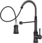 Kitchen Faucet with Pull Down Sprayer, Hurran Commercial Stainless Steel Kithcen Faucets, Single Handle Spring Faucets for Kitchen Sink, Sink Faucet for Farmhouse Wet Bar or RV, Matte Black