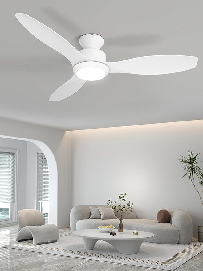 48" Ceiling Fan with Light amd Remote, White Flush Mount Ceiling Fan with 3 Blades,3 Color Light, 6 Speed, Queit DC Motor, for Bedroom/Outdoor/Patios, White