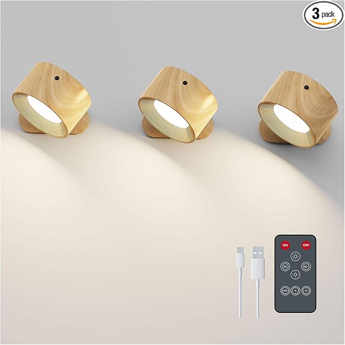 Koopala 3PACK Rechargeable LED Wall Sconce, Cordless Battery with Remote Powered Wall Sconce, 3 Brightness Levels, 360° Swivel Magnetic Shade for Reading Bedside, Wood Grain Color.