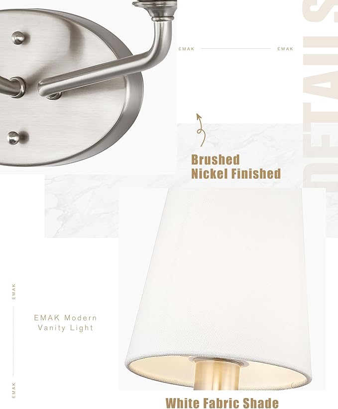 Emak 3-Light Vanity Lights for Bathroom, Brushed Nickel Bathroom Light Fixtures Over Mirror Modern Wall Sconce with Flared White Fabric Shade, VL132-BN-WF-3