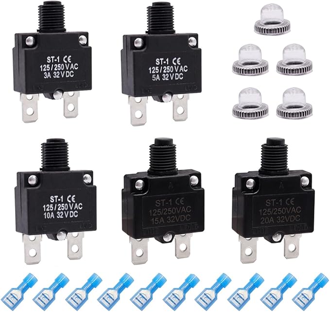 mxuteuk 5Pcs 3,5,10,15,20Amp Circuit Breakers Push Button Manual Reset 125/250V AC 32V DC,Overload Protector Switch Thermal Circuit Breakers with Quick Connect Terminals and Waterproof Button Caps