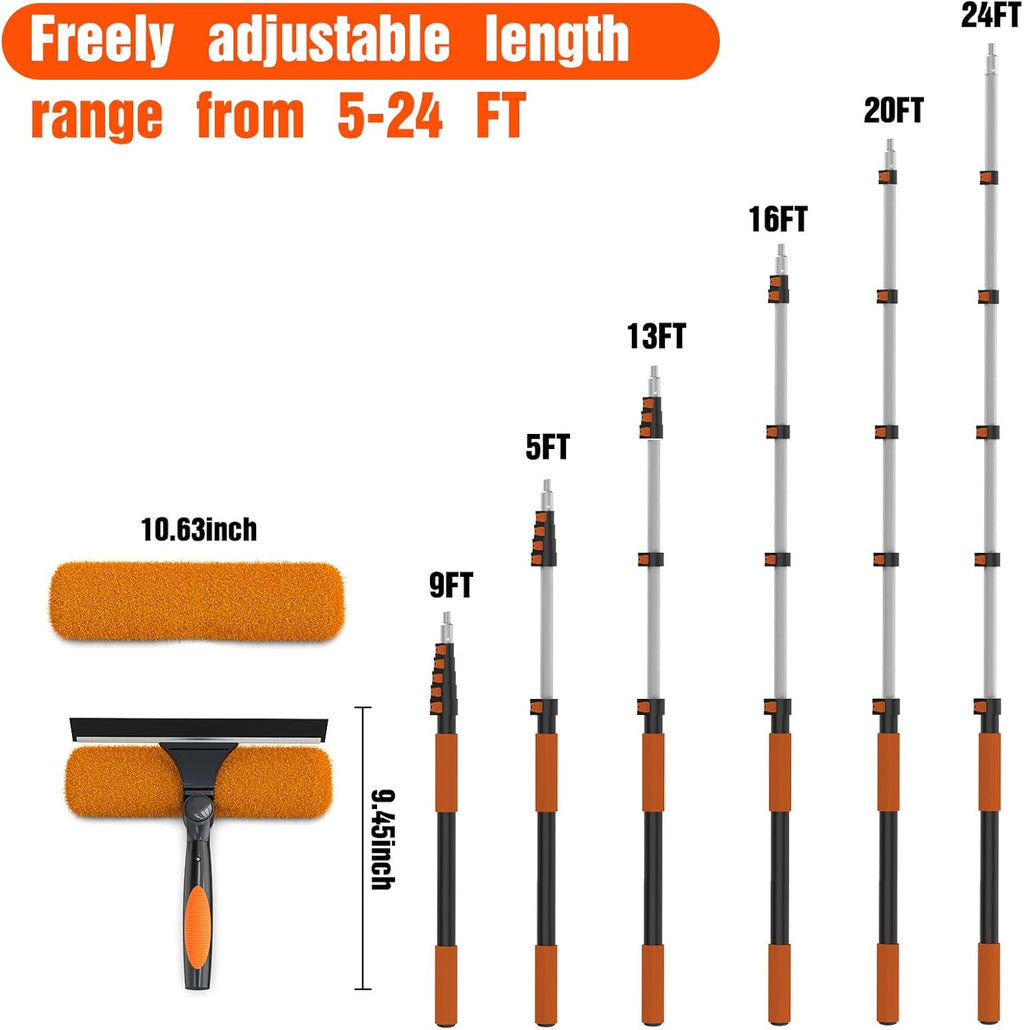 30FT Window Squeegee with Extension Pole, 2-in-1 Squeegee for Window Cleaning, Professional Cleaning Kit for Home with 24FT Telescoping Pole for Outdoor Indoor Use