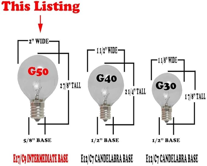 Novelty Lights Incandescent G50 Globe Replacement Bulbs - Outdoor Individual Bulbs for Events, Holiday Parties, Patios, and More - E17/C9 Intermediate Base, 7 Watt Lights (Frosted White, 25 Pack)