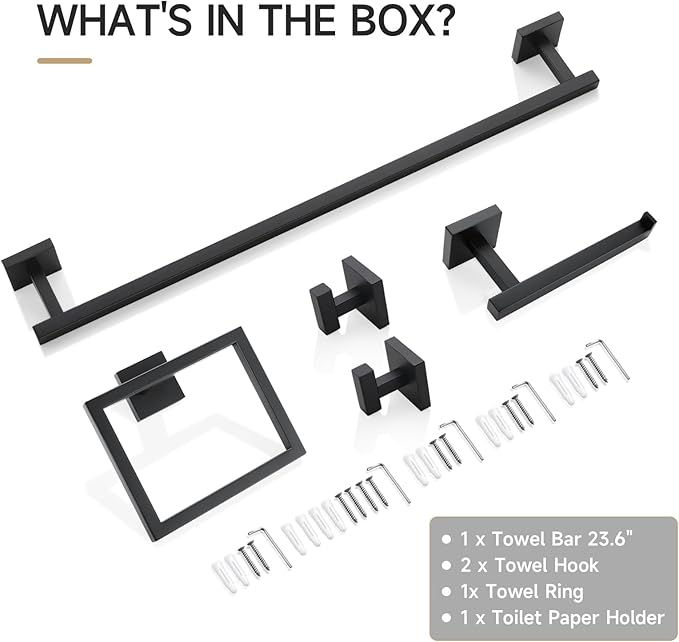 TQKAG 5-Piece Matte Black Bathroom Hardware Set Classic Wall Mounted Bathroom Accessories Set SUS304 Stainless Steel Towel Bar Sets 23.6" Towel Rack for Bathroom Towel Holder Set,Black