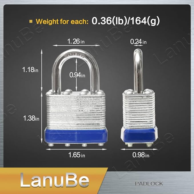 LanuBe Lock Laminated keyed Padlock (1-9/16", 40mm), keyed Alike Locks, Normal Shackle,Marked Blue Plastic Hoop, Pack of 6