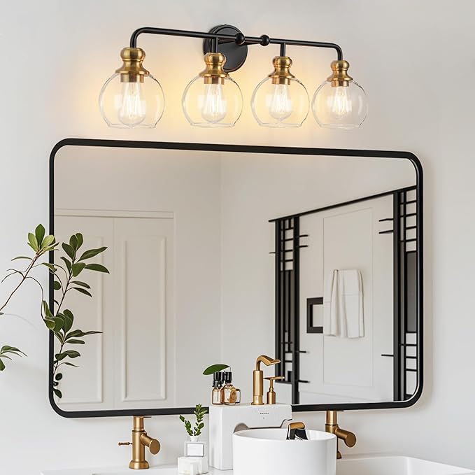 Black and Gold 4-Light Bathroom Vanity Fixture with Clear Glass Shades Modern Wall Lamp Suitable for Bathrooms, Dressing Rooms