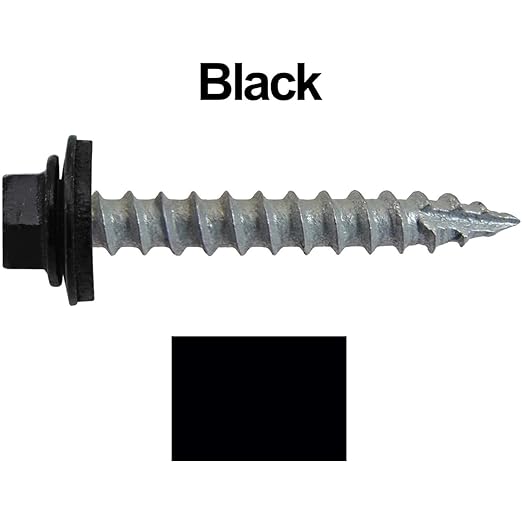 ROOFING SCREWS: (250) x 1-1/2" BLACK Hex Washer Head Metal Roof Screw. Self-tapping Metal to Wood, EPDM Washer, Colored Head