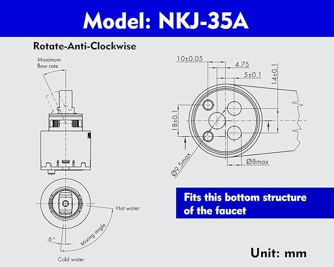 Kerox NKJ35 Single Lever Faucet Cartridge (1 Pack), 35mm Replacement Ceramic Mixing Energy-Saving Cartridge, Right Rotation, Repair Kit for Kerox Single Lever Faucet -Blue