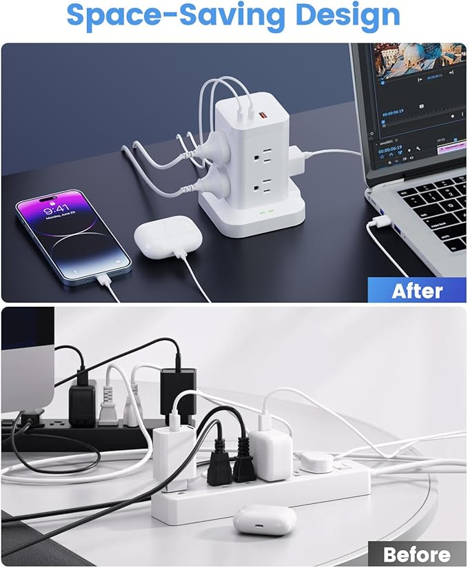 11-in-1 Power Strip Tower with Surge Protector 1800J, Fast Charging Tower PD20W USB-C Ports with 8 AC Outlets, 6ft Extension Cord for Home Office Dorm Room, White