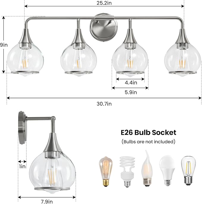 Brushed Nickel Bathroom Light Fixture 4 Lights Bathroom Vanity Lights Over Mirrors with Clear Glass Shade 30.7 inch Wall Sconce Lighting Bath(Exclude E26 Bulb)