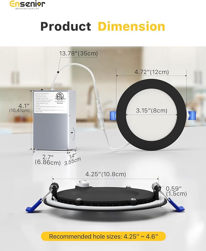 Ensenior 12 Pack 4 Inch LED Recessed Ceiling Light Black, Dimmable, 2700K-5000K 5CCT, 750LM 9W 120V, High Brightness Canless Wafer Downlight - ETL&FCC&IC