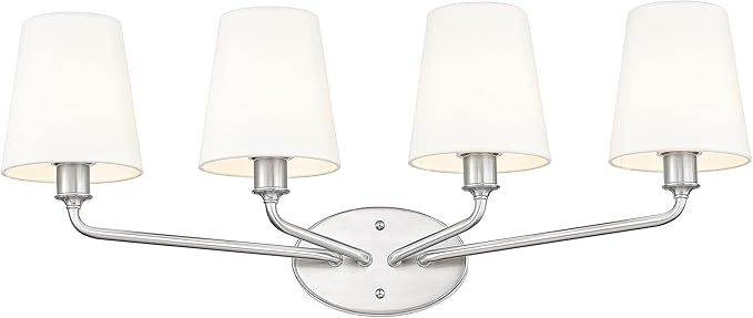 Emak 29 Inch Brushed Nickel Vanity Light, 4-Light Bathroom Light Fixtures with Flared White Fabric Shade, Modern Vanity Lights for Bathroom, Mirror, VL132-BN-WF-4