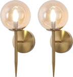 SeeU Gold Wall Sconces Mid Century Style Set of 2,Brass Wall Lamp Fixture,Vanity Light Fixture Wall Lamp with Amber Globe