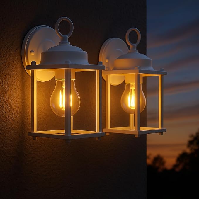 GRUENLICH Outdoor Wall Sconce, Exterior Wall Lighting Fixtures with Clear Glass, Front Porch Lighting, Anti-Rust Outside Lights for Patio, Doorway, White, 2 Pack