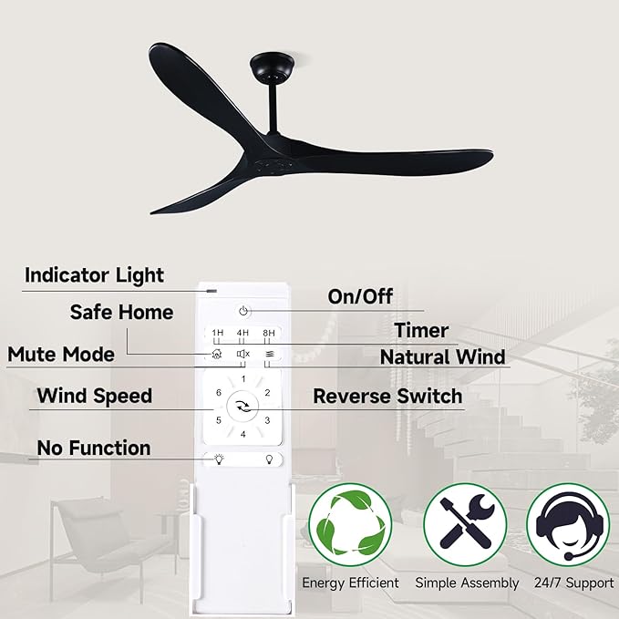 60" Black Ceiling Fan with Remote Control, Quiet Ceiling Fan without Lights for Indoor/Outdoor - Modern Design, Powerful Airflow, Silent Operation