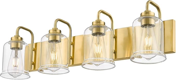 zeyu 4-Light Brushed Gold Vanity Light, Modern Wall Sconces for Mirror Kitchen Bedroom, Bathroom Wall Lights with Clear Glass Shade, ZSL72B-4W BG