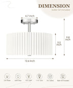 Semi Flush Mount Ceiling Light, 3-Light 12.5" Ceiling Light Fixture with White Pleated Fabric Shade, Brushed Nickel Drum Lamp for Nursery Hallway Bedroom Kitchen, AD-25036-3SF-SN
