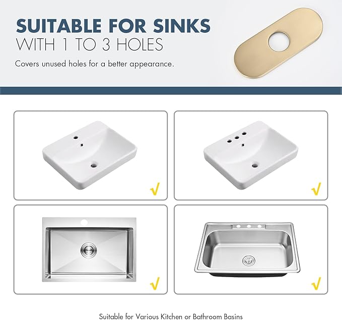 6 Inch Faucet Deck Plate for Bathroom Sink - Universal Fit for 1 Hole or 3 Hole 4 Inch Centerset Basins - Escutcheon Faucet Plate - Stainless Steel Faucet Hole Cover(Brushed Gold)