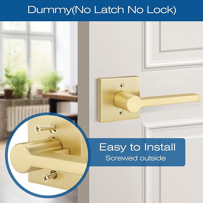 EHOMEWARE 8 Pack Gold Dummy Door Handle, Heavy Duty Single Sided Door Lever, Non Funtional Interior Door Handles for Pull or Push Only