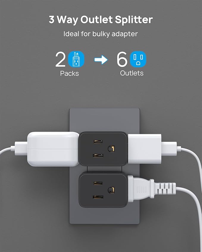 TROND Multi Plug Outlet Extender 2 Pack - Horizontal Electrical Wall Outlet Splitter, 3 Way Plug Extension Outlet Adapter, Multiple Plug Extender for Home Office Cruise Ship Essentials, Black