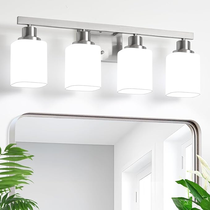 4-Light Bathroom Vanity Light,Brushed Nickel Vanity Lights with Square Frosted Glass,Modern Bathroom Wall Lights Fixtures Over Mirror,Wall Sconces Lighting for Bedroom Living Room,E26