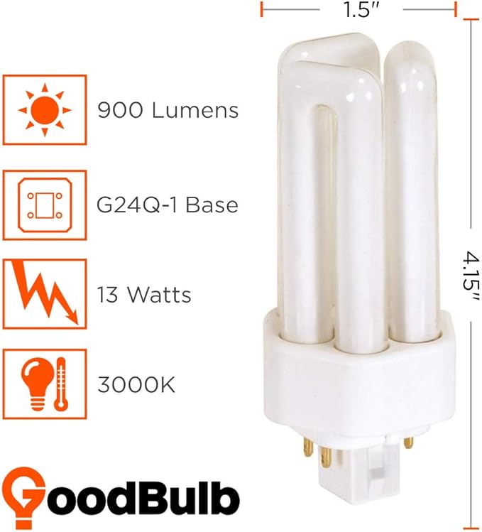GoodBulb 13 Watt CFL Light Bulbs | 4 Pin GX24Q-1 Base 3000K Warm White | 13W High Output 810 Lumens | Triple Tube Compact Fluorescent Light Bulbs Plug-in | 10 Pack