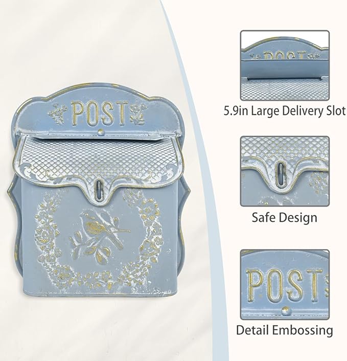 Mailbox Wall Mount Mailboxes for Outside Vintage Mail Boxes for House Outside Metal Drop Box Antique Style Nostalgic Charm Home Decorative, Bird Pattern, Blue