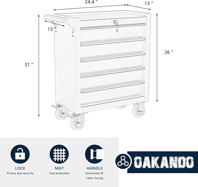 5-Drawer Metal Rolling Tool Chest with Wheels,Tool Storage Cabinet with Locking System，Toolbox with Wheels for Garage, Warehouse, Workshop, Repair Shop (Black&red, 5Drawer)