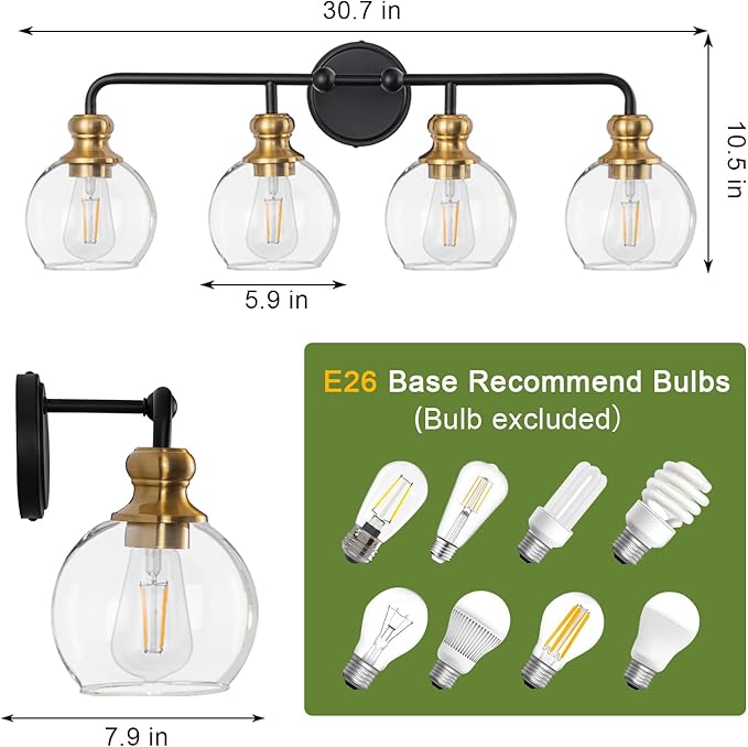 Black and Gold 4-Light Bathroom Vanity Fixture with Clear Glass Shades Modern Wall Lamp Suitable for Bathrooms, Dressing Rooms