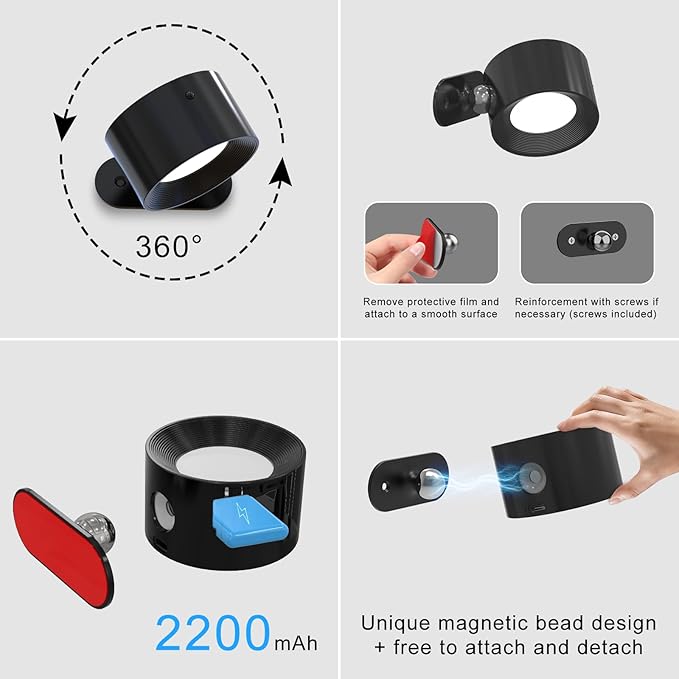 Koopala 3PACK Rechargeable LED Wall Sconce, Cordless Battery with Remote Powered Wall Sconce, 3 Brightness Levels, 360° Swivel Magnetic Shade for Bedrooms, Hallways, Den and Reading Spaces（Black）