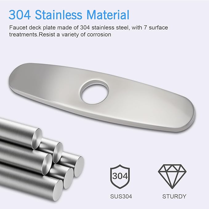 Sink Hole Cover, Escutcheon Plate Stainless Steel Faucet Deck Plate 10 Inch for 1 or 3 Hole Bathroom or Kitchen Sink Faucets Round, Brushed Nickel