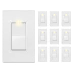 LIDER Minimalist Design Matte Finish Lighted Decorator Switch with Wall Plate, Frameless Paddle Light Switch with Locator Light, 3-Way, Grounding Screw, 15A 120V, UL Listed, White, 10 Pack