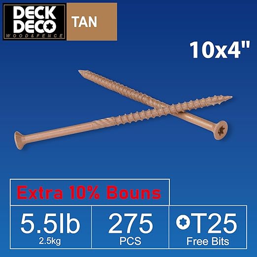 Wood Screws #10 x 4 275pcs(Approx), Tan Ruspert Coating Exterior Deck Screws, Torx/Star Drive Flat Head,Twist Shank, Cut Tip/Thread, Bit Included, 5.5 lb/Box