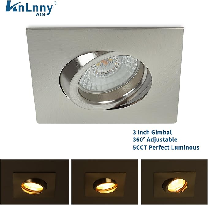 Square Brushed Nickel Recessed Lighting 3 Inch 6 Pack, Ajustable Eyeball recessed Light with Junction Box,5 Color Selectable,Airtight,9W 750LM,Dimmable,Brushed Nickel