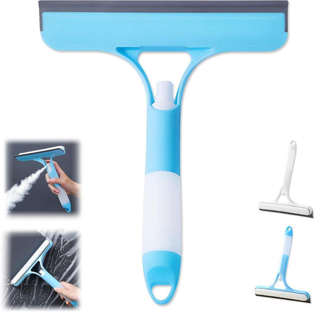 3 in 1 Window Cleaning Scraper, Cleaner Window Squeegee with Sprayer, Squeegee and Scrubber Spray Bottle Window Squeegee for Shower Glass, Mirrors, Car and Home,All-Purpose Window Cleaner Tool (Blue)