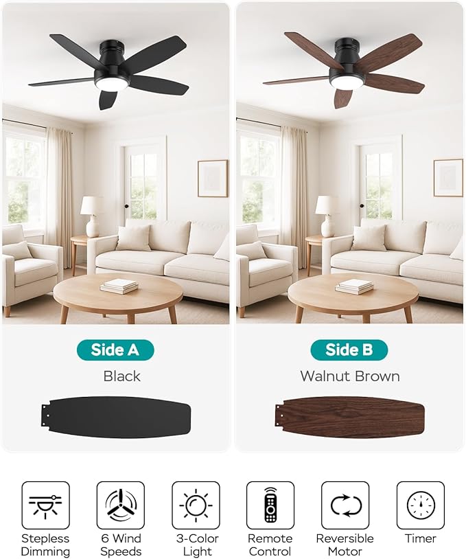 Ceiling Fans with Lights, 42 inch Ceiling Fans with Lights and Remote, Dimmable, Noiseless, Low Profile Ceiling Fan with Light for Bedroom, Indoor and Outdoor Use(Black)